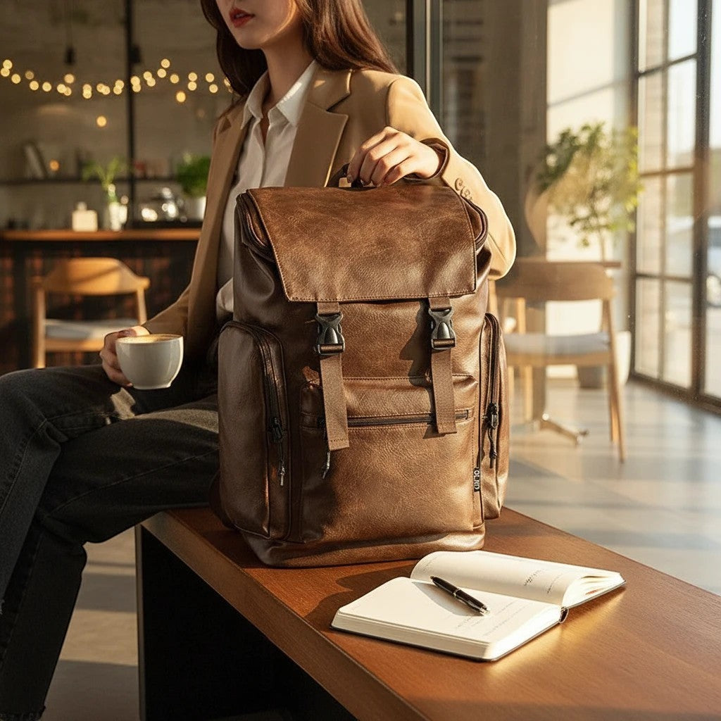 Brązowy plecak SchoolKit w stylu retro z eko-skóry z klamrami, trzymany przez kobietę w kawiarni