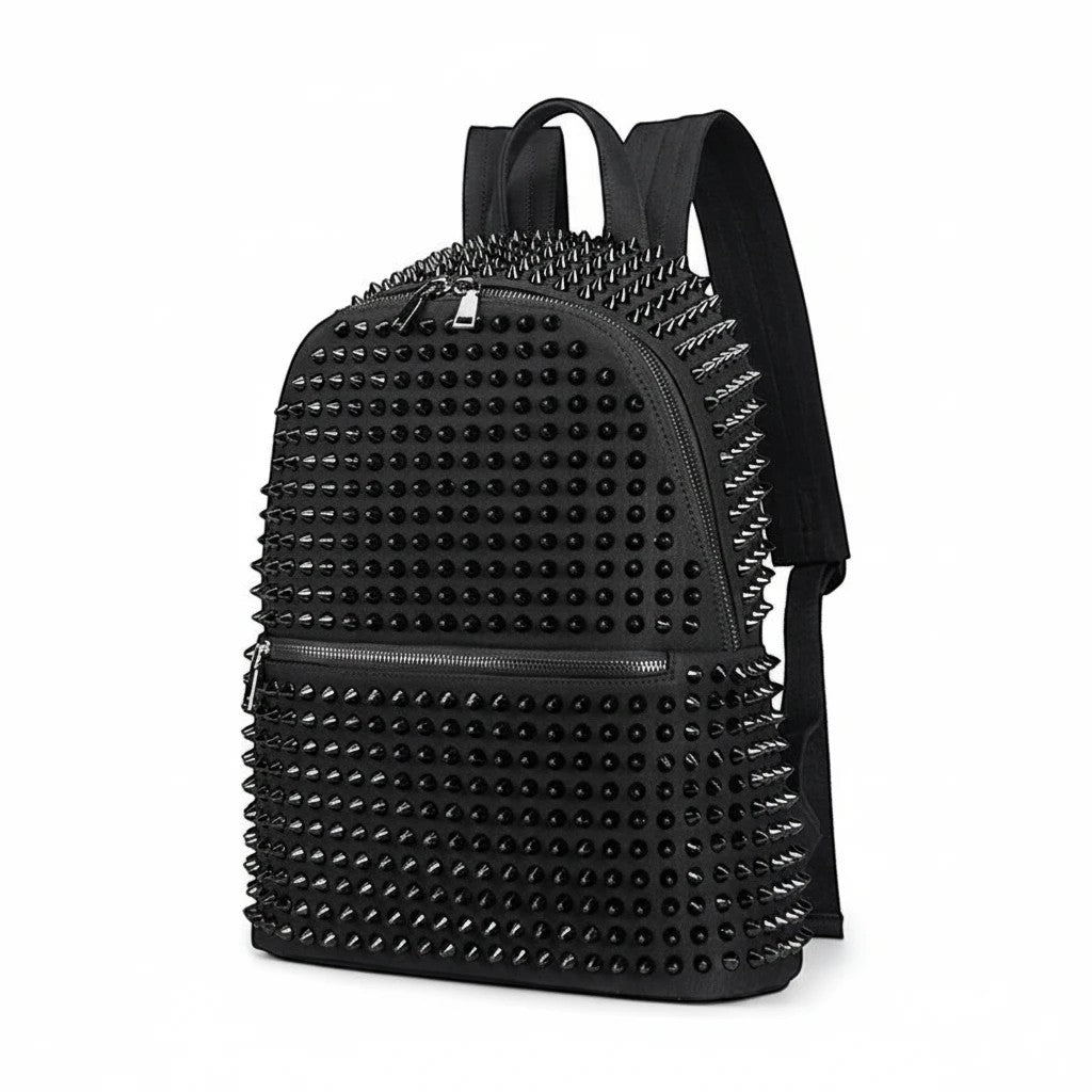 Czarny plecak SchoolKit w stylu koreańskim z ozdobnymi nitami na froncie i kieszeni, idealny do codziennego użytku.