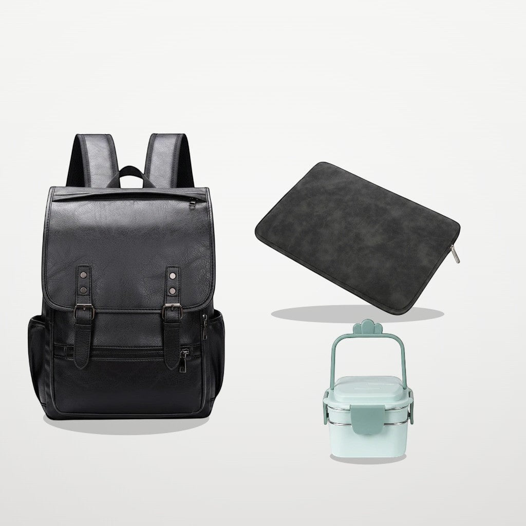 Zestaw SchoolKit: czarny plecak szkolny, pokrowiec na laptopa 14 cali oraz miętowy lunch box termiczny.