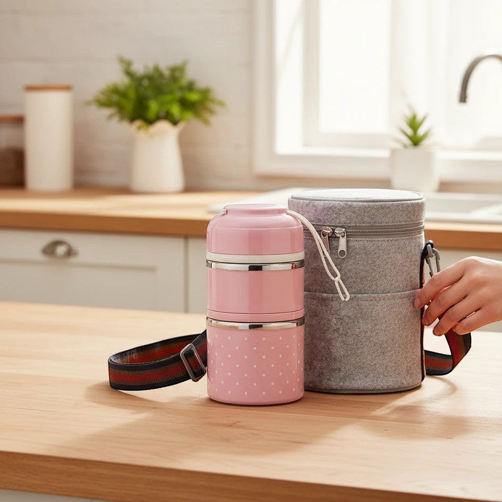 SchoolKit dwuwarstwowy lunch box ze stali nierdzewnej w pudrowym kolorze w białe groszki z szarym pokrowcem termicznym