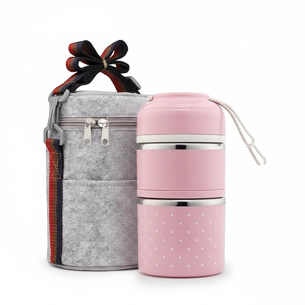 SchoolKit dwuwarstwowy lunch box ze stali nierdzewnej w pudrowym kolorze w białe groszki z szarą torbą termoizolacyjną