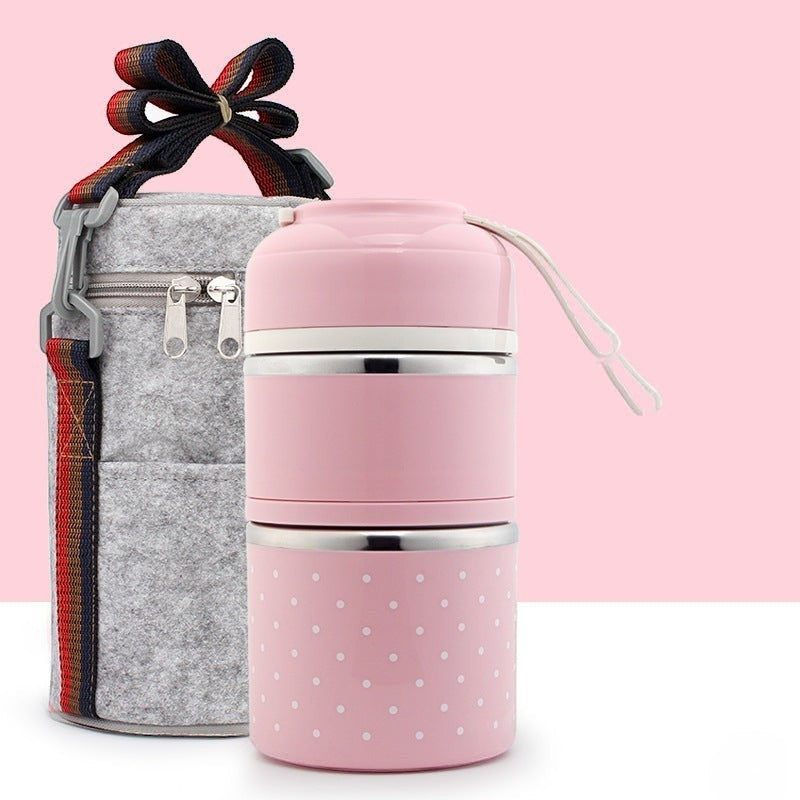 Dwuwarstwowy lunch box SchoolKit w pudrowym kolorze w białe groszki ze stali nierdzewnej z szarą torbą termoizolacyjną