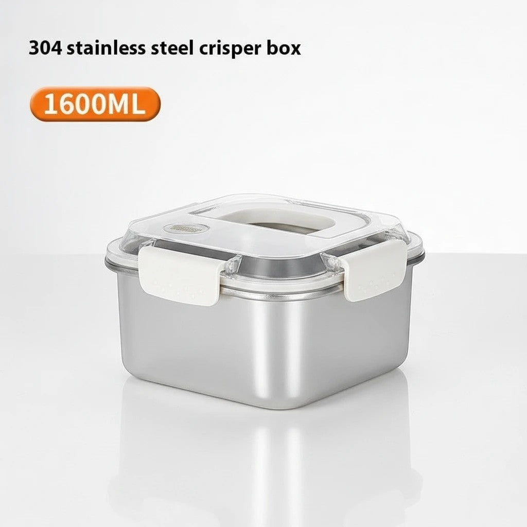 SchoolKit lunch box ze stali nierdzewnej 1,6L z przezroczystą pokrywką i białymi zatrzaskami na jasnym tle