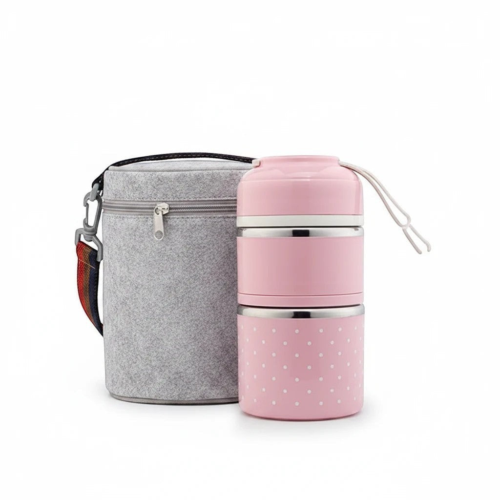SchoolKit dwuwarstwowy lunch box ze stali nierdzewnej w pudrowym kolorze w białe groszki z szarą torbą termoizolacyjną