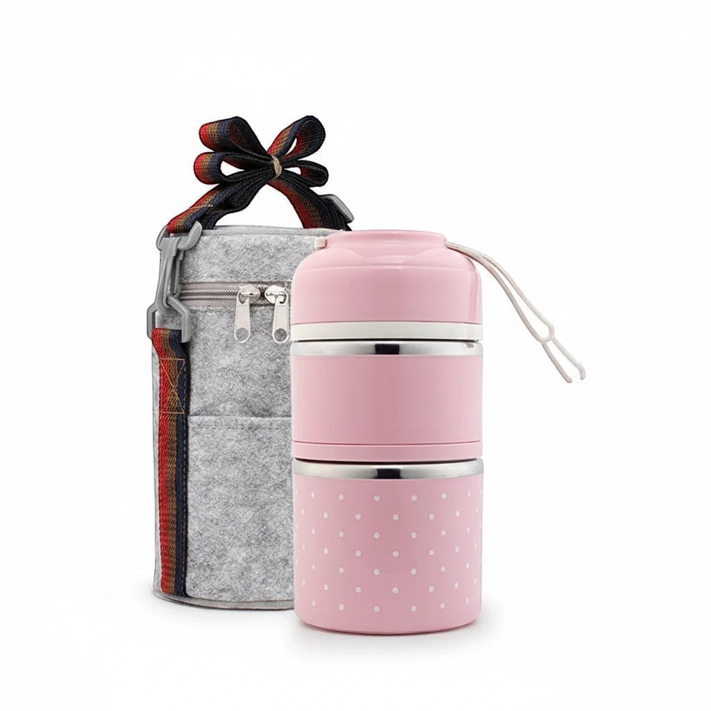 Dwuwarstwowy lunch box SchoolKit w pudrowym kolorze w białe groszki ze stali nierdzewnej z szarym pokrowcem termicznym