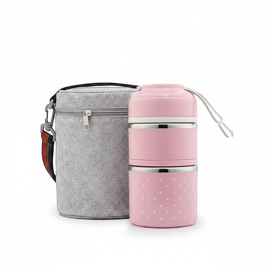 Zestaw SchoolKit: różowy lunch box w kropki ze stali nierdzewnej oraz szary filcowy pokrowiec na laptopa 14 cali