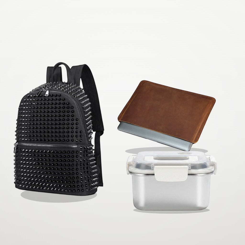 Zestaw SchoolKit: czarny plecak z ćwiekami, skórzany pokrowiec Crazy Horse na laptopa i stalowy lunch box